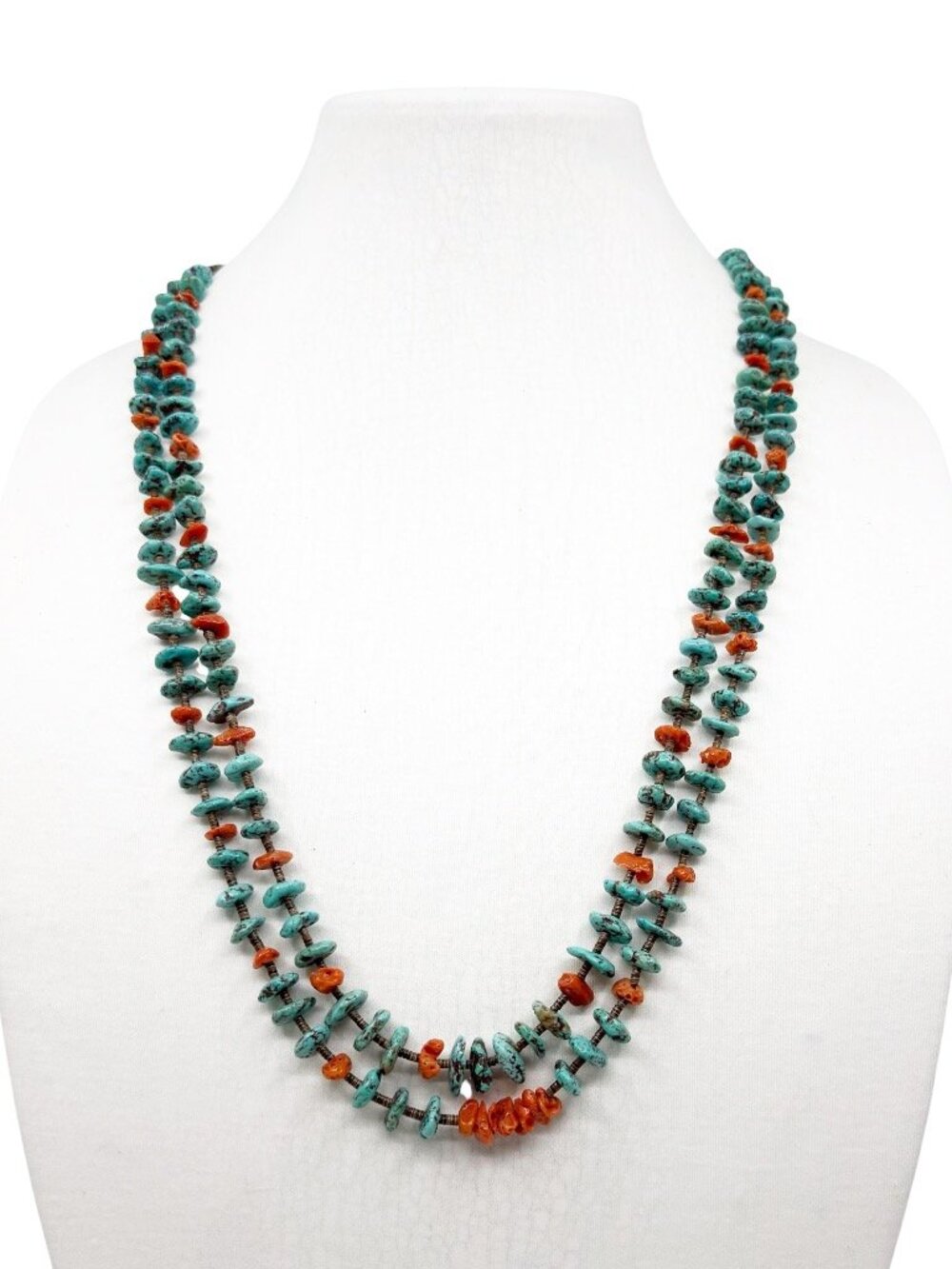 Old Navajo Turquoise Coral Heishi shell bead necklace - GM1019